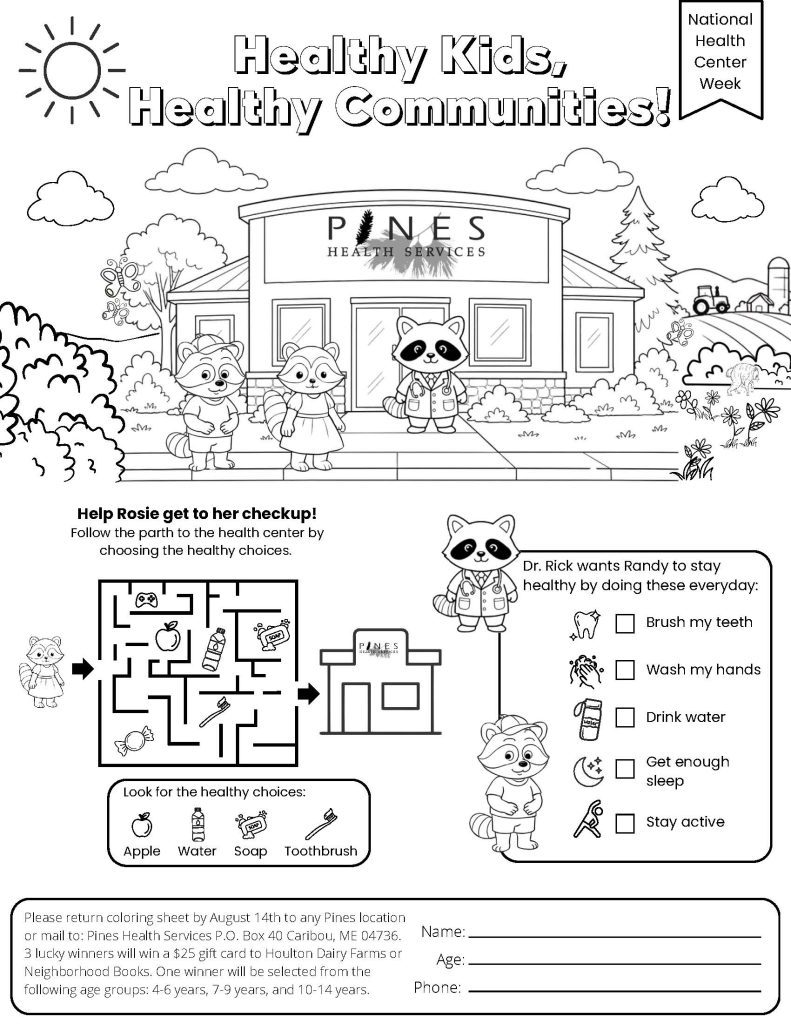 Black and white coloring and activity sheet with health information for children. 