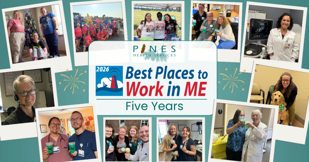Photos of Pines staff and the Best Places to Work in Maine 2026 Logo